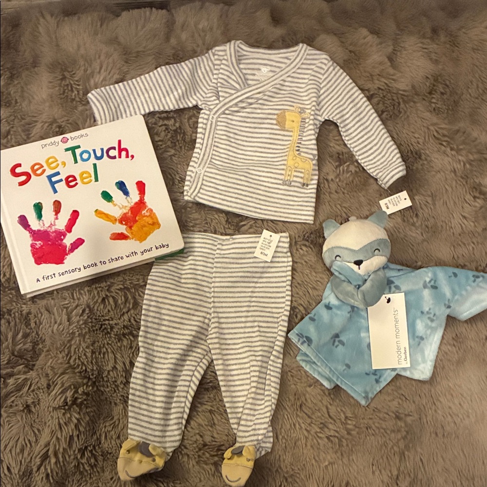 Baby 0-3 month NWT bundle gift set - book, outfit, plush toy